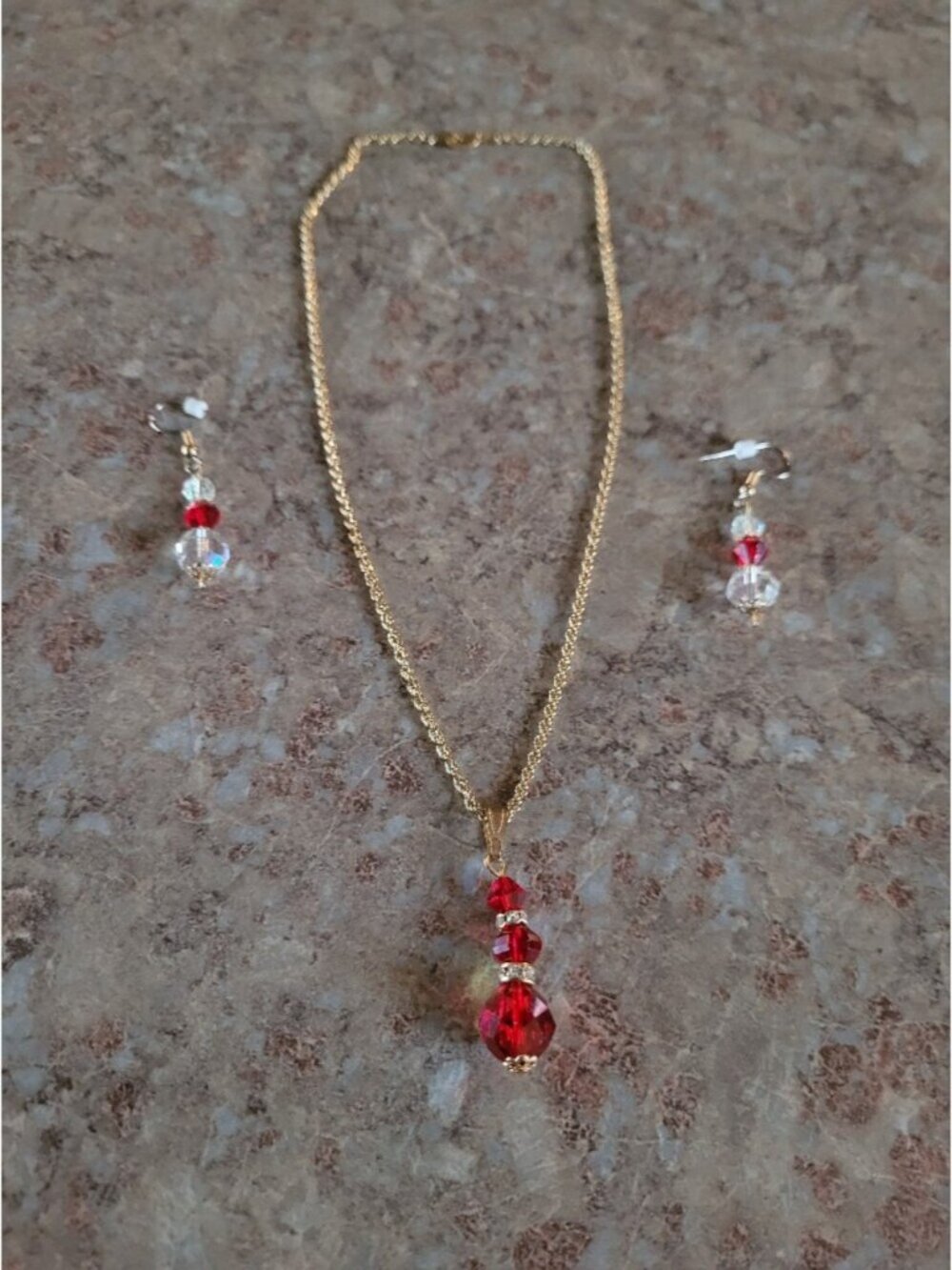 Gold Chain Necklace and Earrings with Red Crystal Pendant